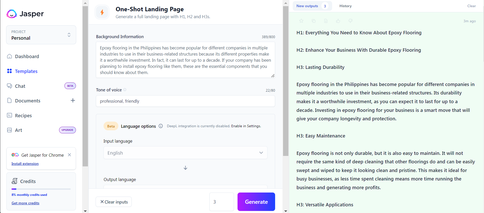 An example of the One-Shot Landing Page template in Jasper AI