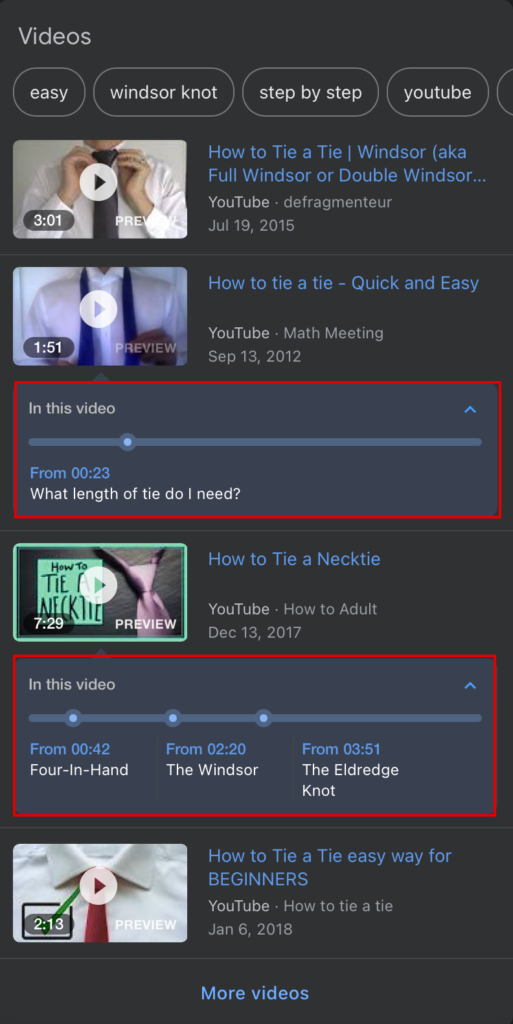 Key moments in video search results