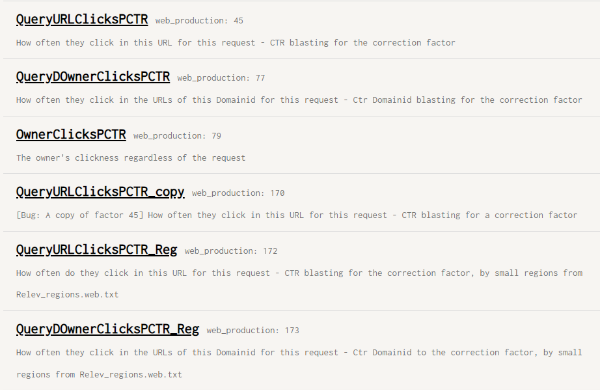 CTR ranking factors from Yandex's source code